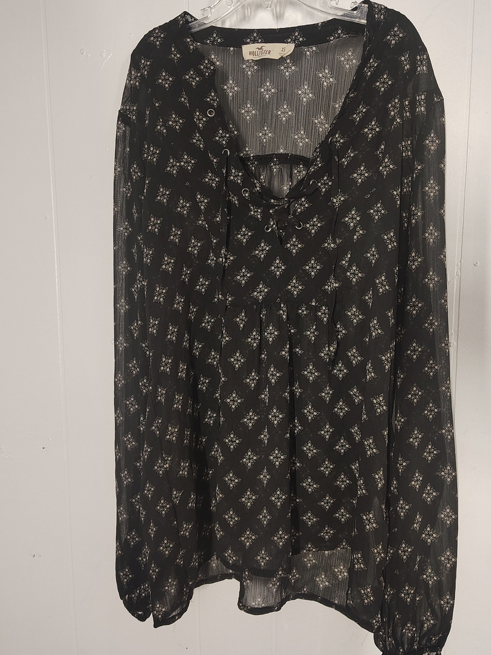 Hollister Black Floral Lace-Up Sheer Blouse